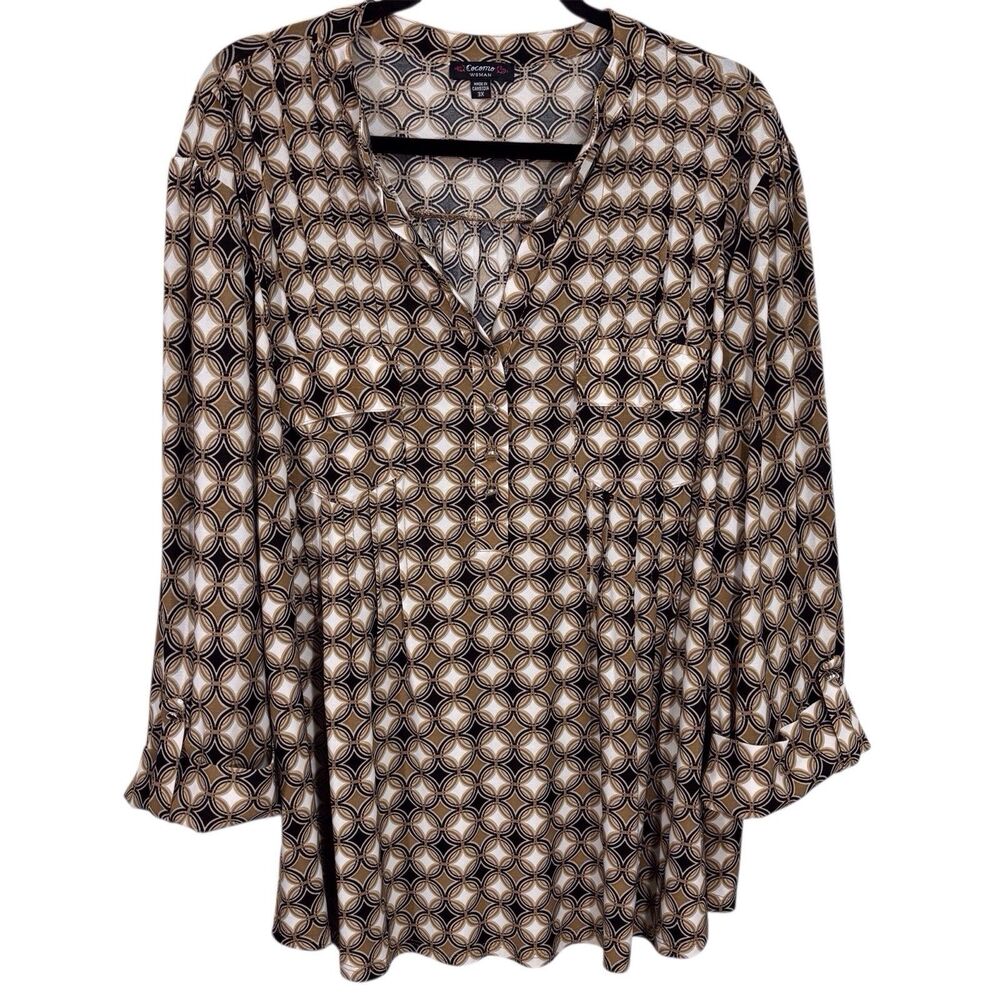 Cocomo Popover Pintuck Tunic Top Womens Plus 3X Tan Black Geometric 3/4 Sleeve